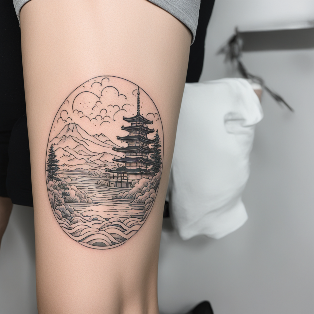 in the style of fineline tattoo, with a tattoo of onsen tokyo friendly tattoo