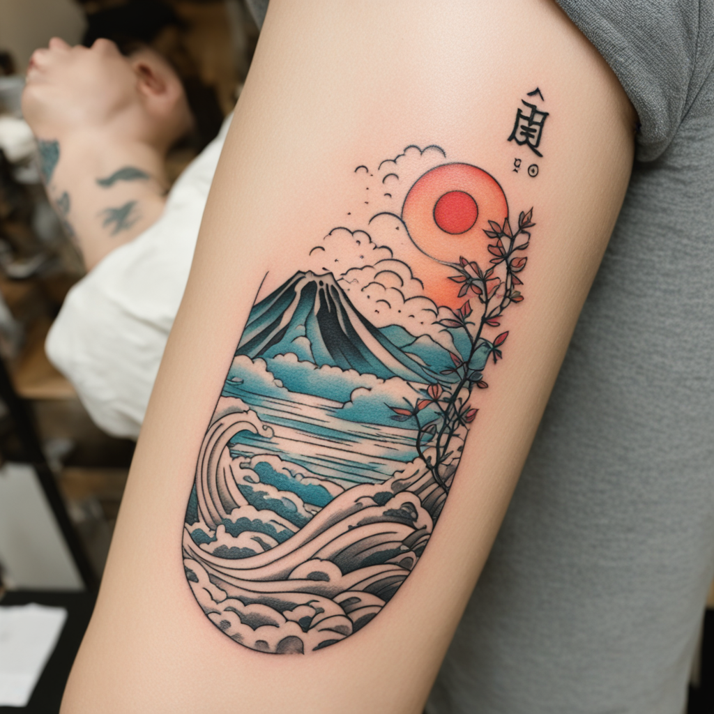 in the style of kleine tattoo, with a tattoo of onsen tokyo friendly tattoo