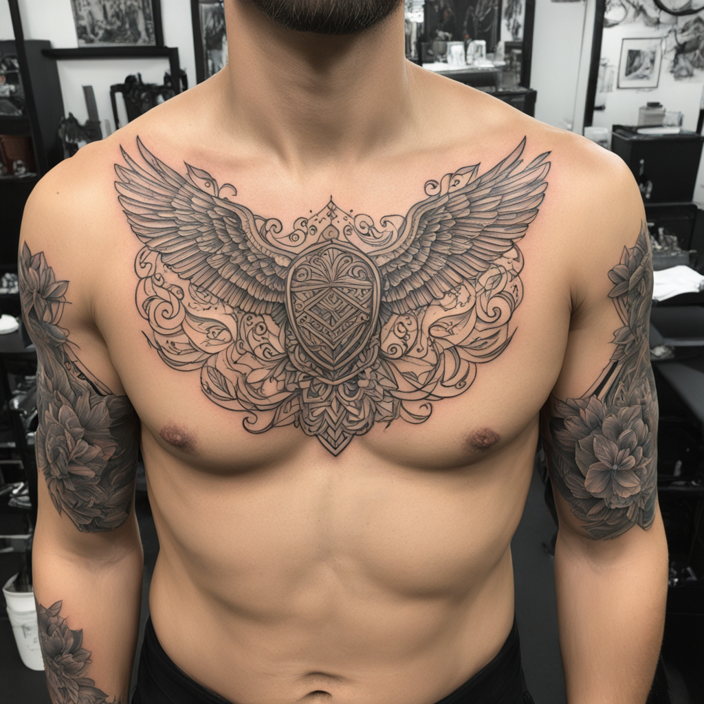 in the style of fineline tattoo, with a tattoo of chest tattoos