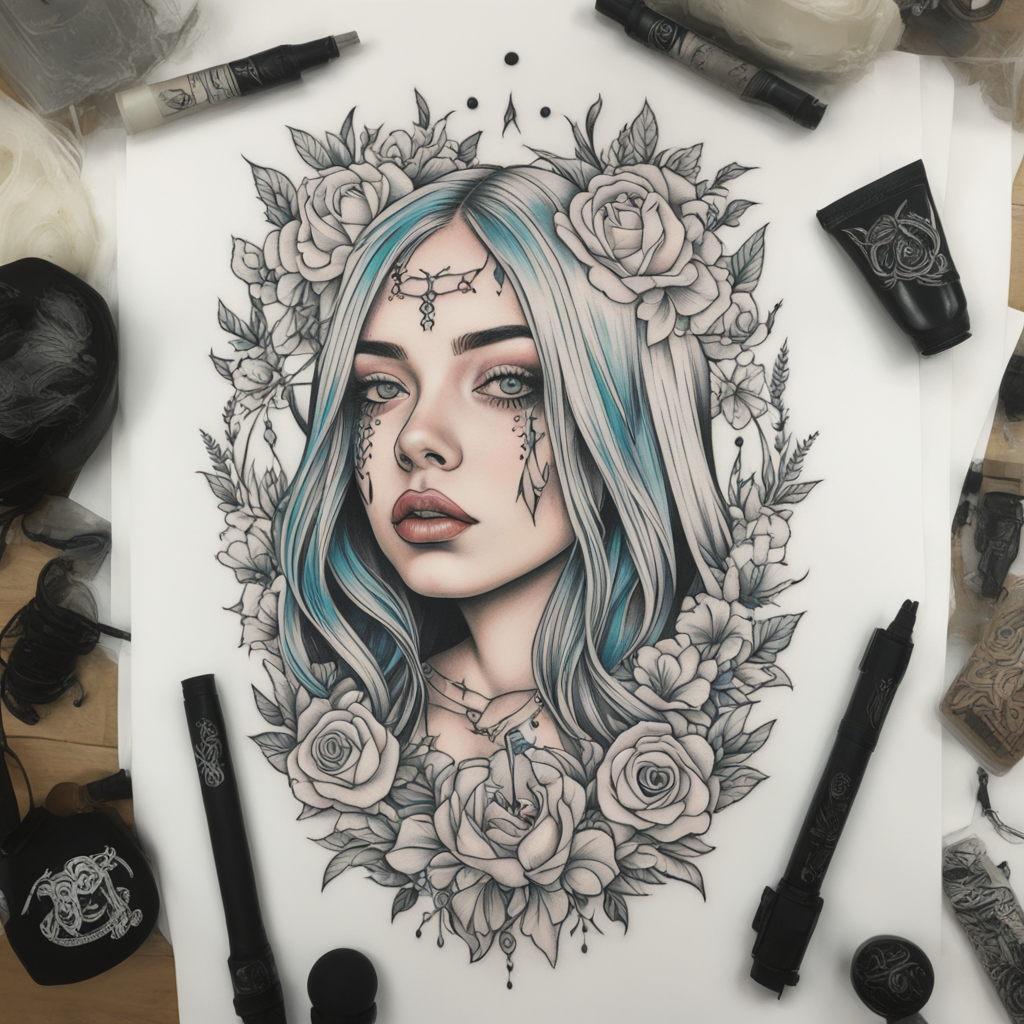 in the style of neo traditional tattoo, with a tattoo of billie eilish tattoo