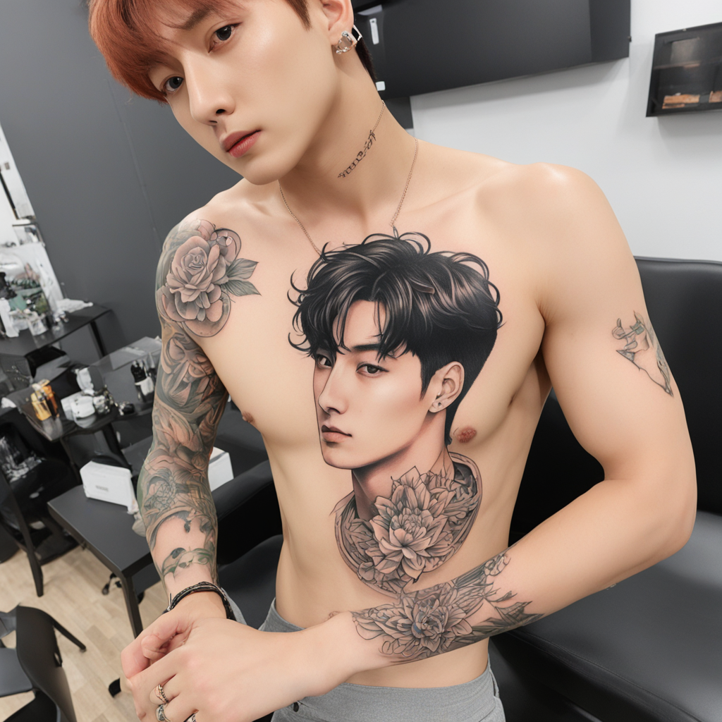 in the style of ignorant tattoo, with a tattoo of jungkook tattoo