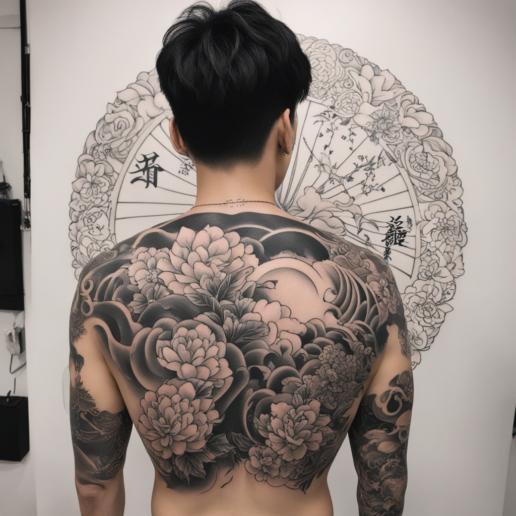 in the style of japanese tattoo, with a tattoo of jungkook tattoo