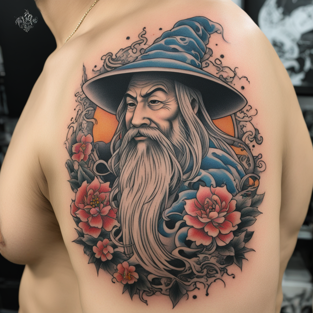 in the style of japanese tattoo, with a tattoo of wizard tattoo