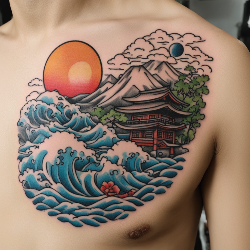 in the style of patch tattoo, with a tattoo of onsen tokyo friendly tattoo