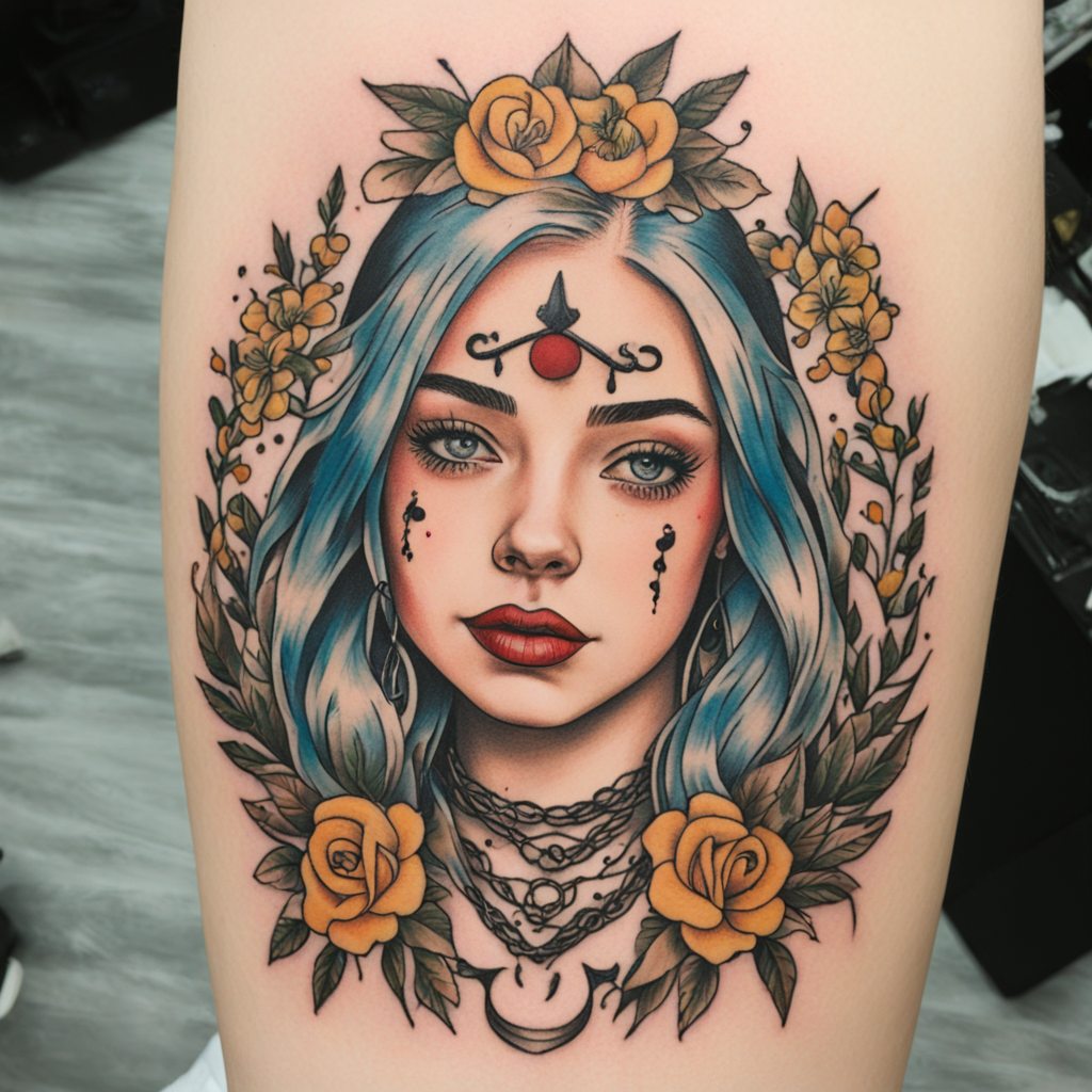 in the style of sailor jerry tattoo, with a tattoo of billie eilish tattoo