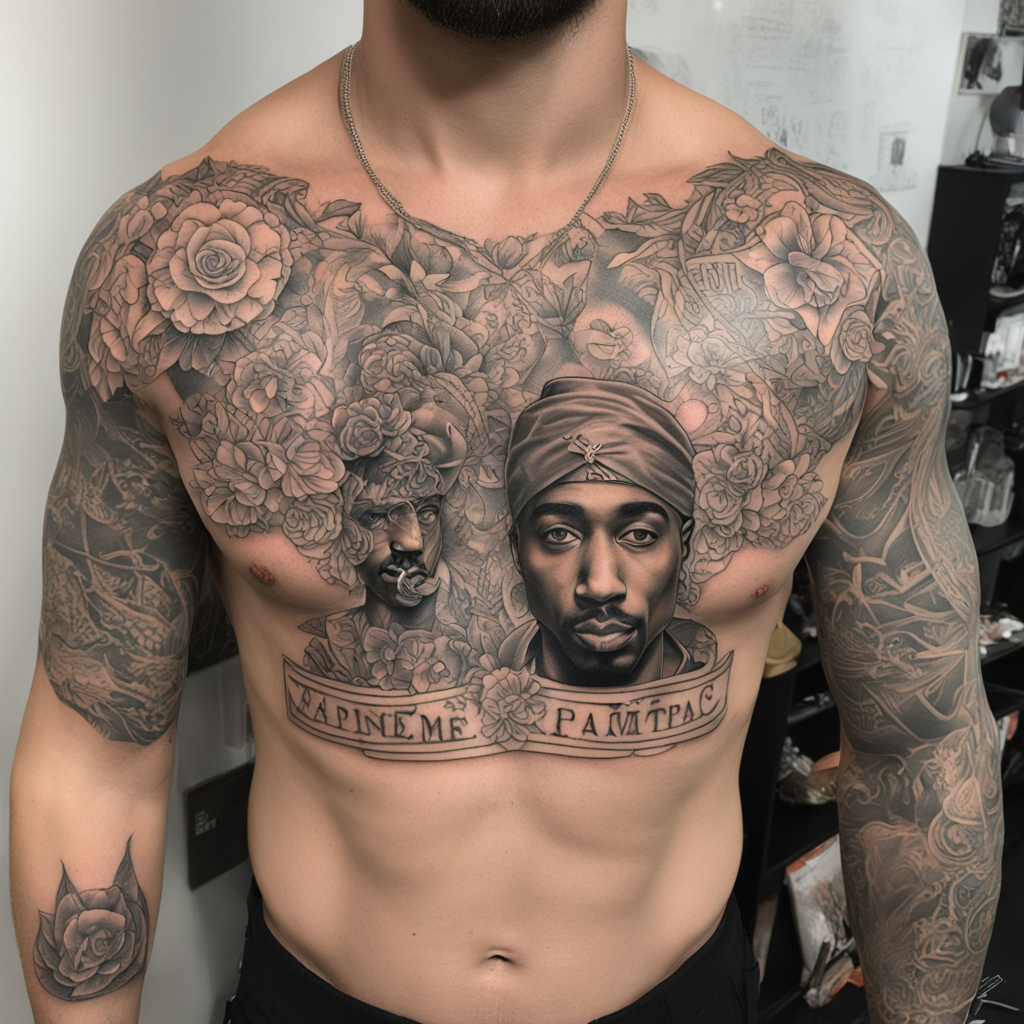 in the style of fineline tattoo, with a tattoo of 2pac tattoos