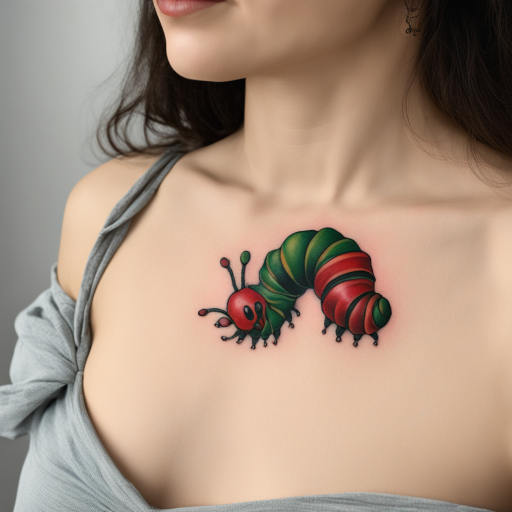 in the style of kleine tattoo, with a tattoo of a red and green caterpilla tattoo on the chest of a woman