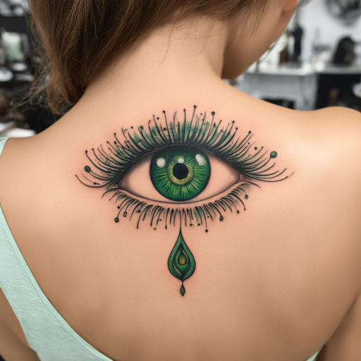 in the style of kleine tattoo, with a tattoo of a green eye tattoo on the back of a woman