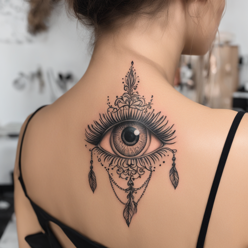 in the style of kleine tattoo, with a tattoo of a eye tattoo on the back of a woman