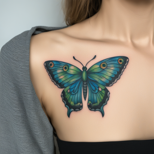 in the style of kleine tattoo, with a tattoo of a blue and green tattoo on the chest of a woman