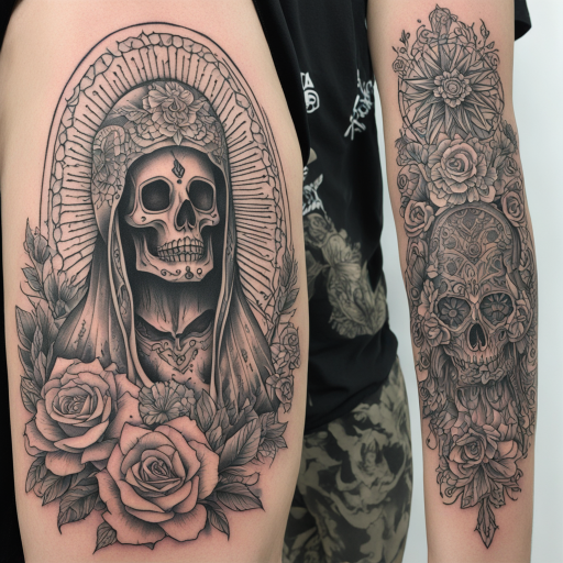 in the style of fineline tattoo, with a tattoo of santa muerte 
