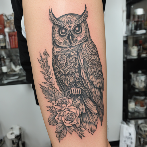 in the style of fineline tattoo, with a tattoo of santa muerte with an owl