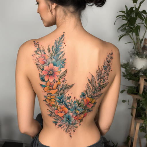 in the style of fineline tattoo, with a tattoo of a colorful tattoo on the back