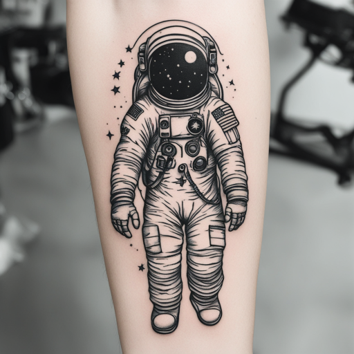 in the style of kleine tattoo, with a tattoo of astronaut