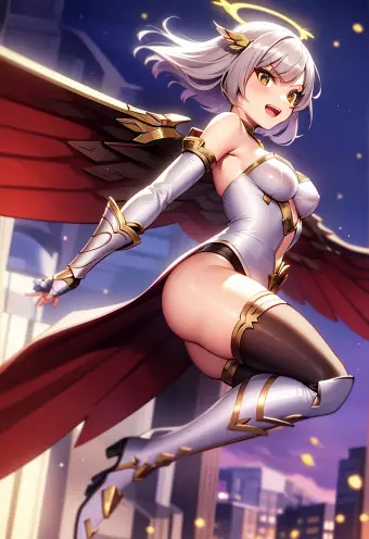Fantasy Angel Girl in Armor with Wings and Cat Ears in Dynamic Pose
