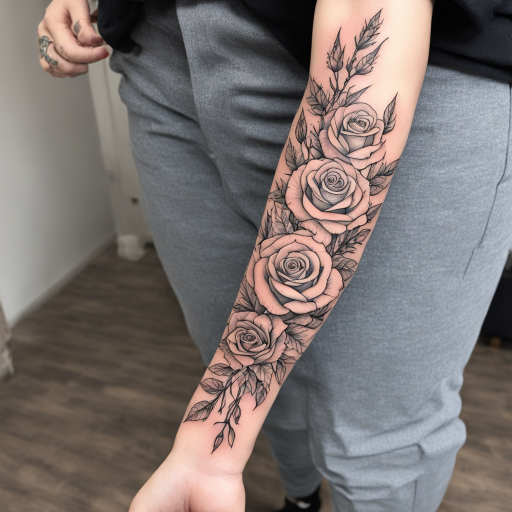 in the style of fineline tattoo, with a tattoo of Roses and thorns wrapped around my arm as a sleeve as a memorial tattoo