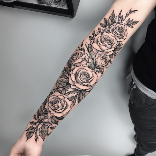 in the style of fineline tattoo, with a tattoo of Roses and thorns wrapped around my arm as a sleeve