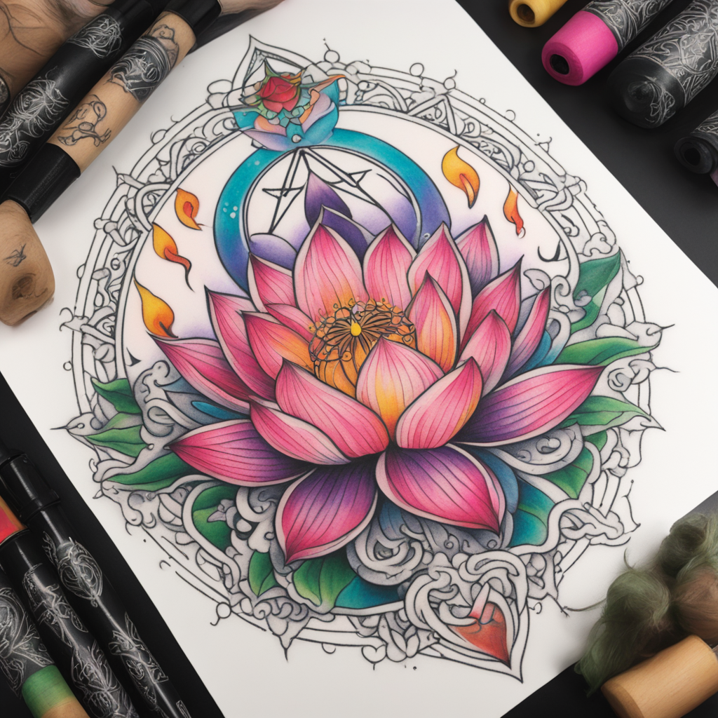 in the style of neo traditional tattoo, with a tattoo of pink and purple lotus blossom atop unalome dropping from a pentacle with red