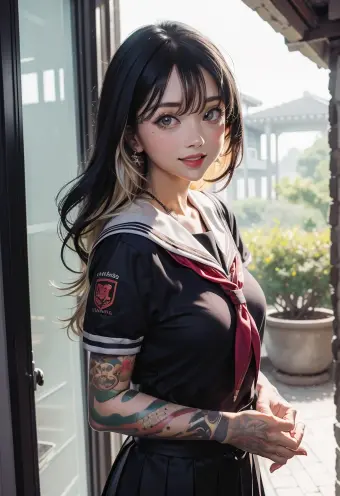 Ultra-Detailed Anime Girl in School Uniform with Halo and Tattoo