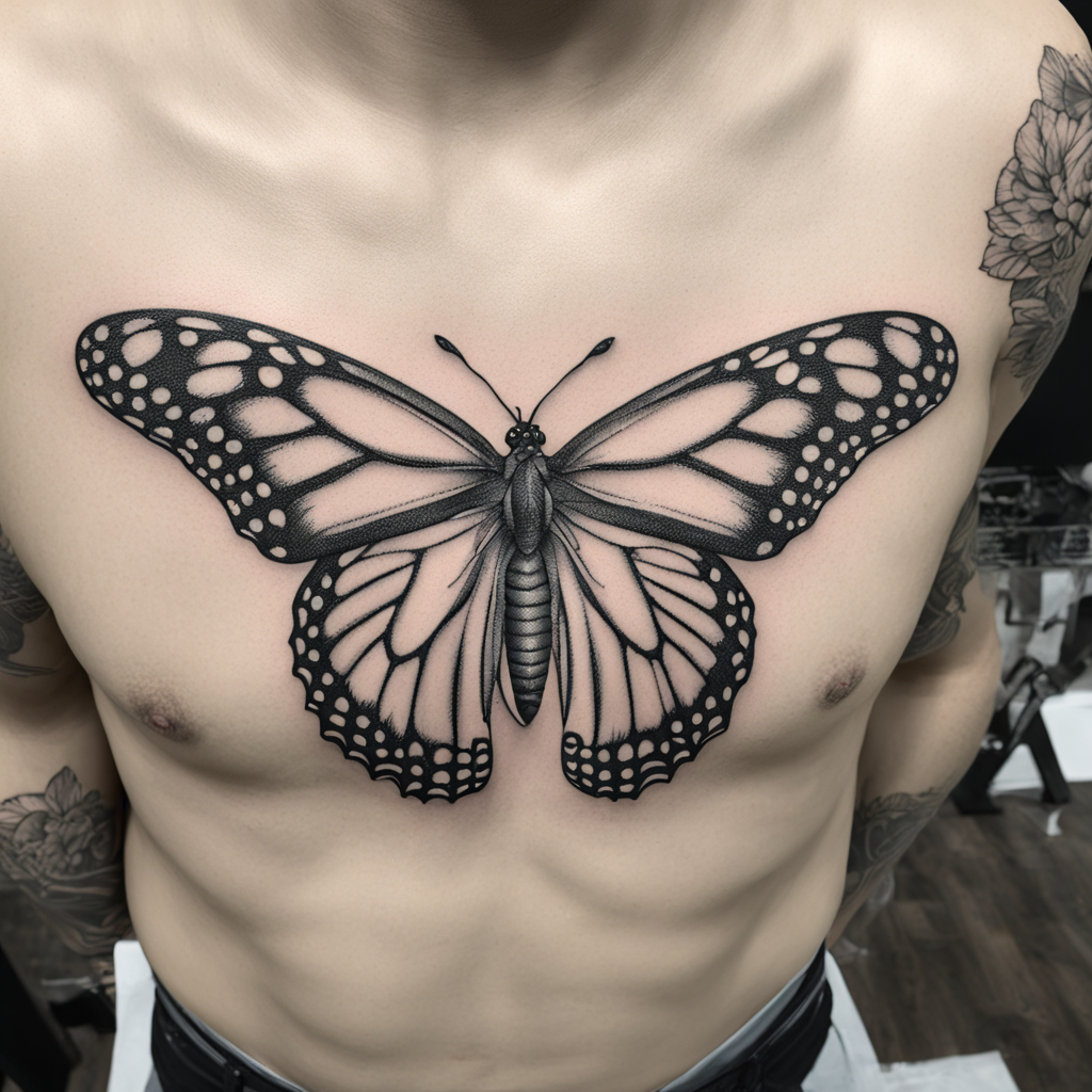 in the style of fineline tattoo, with a tattoo of Monarch butterfly with wings spread. Black and grey