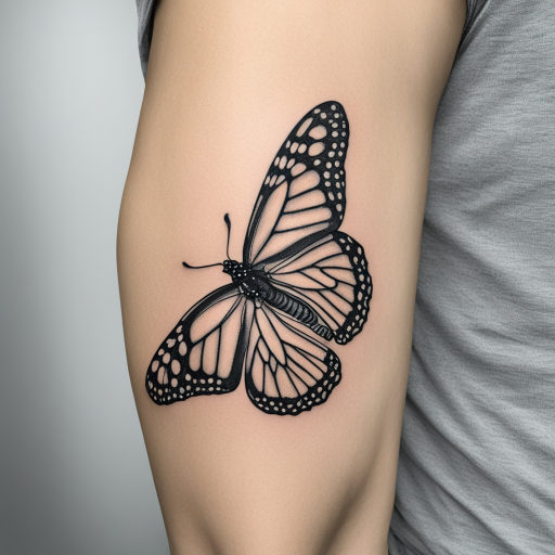 in the style of fineline tattoo, with a tattoo of Monarch butterfly with wings spread. Black and grey