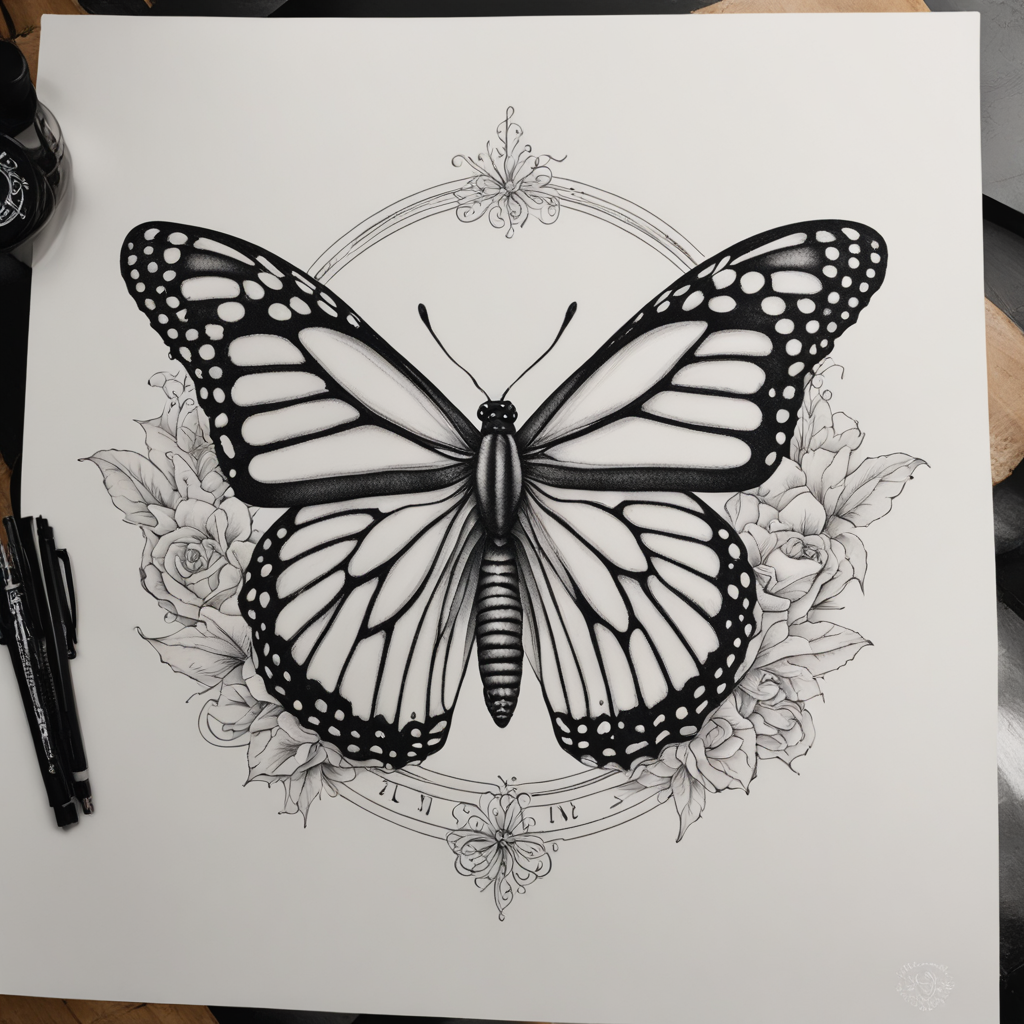 in the style of fineline tattoo, with a tattoo of Monarch butterfly with wings spread. Black and grey 