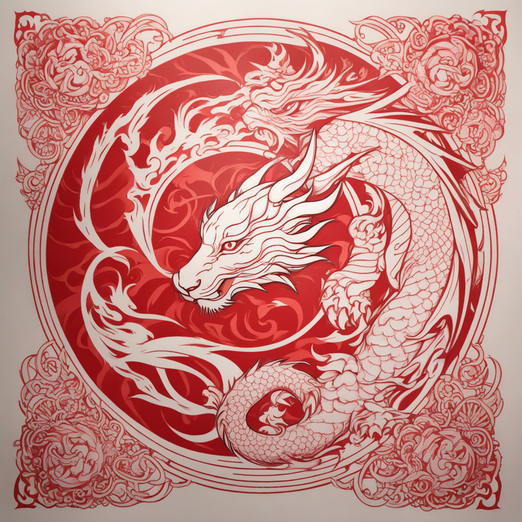 in the style of fineline tattoo, with a tattoo of Design me a tattoo stencil of a yin yang symbol transparent Red and white color scheme that has a masculine Chinese theme overlaid over the symbol. The red side will have a red dragon in it and the white side will have a white tiger