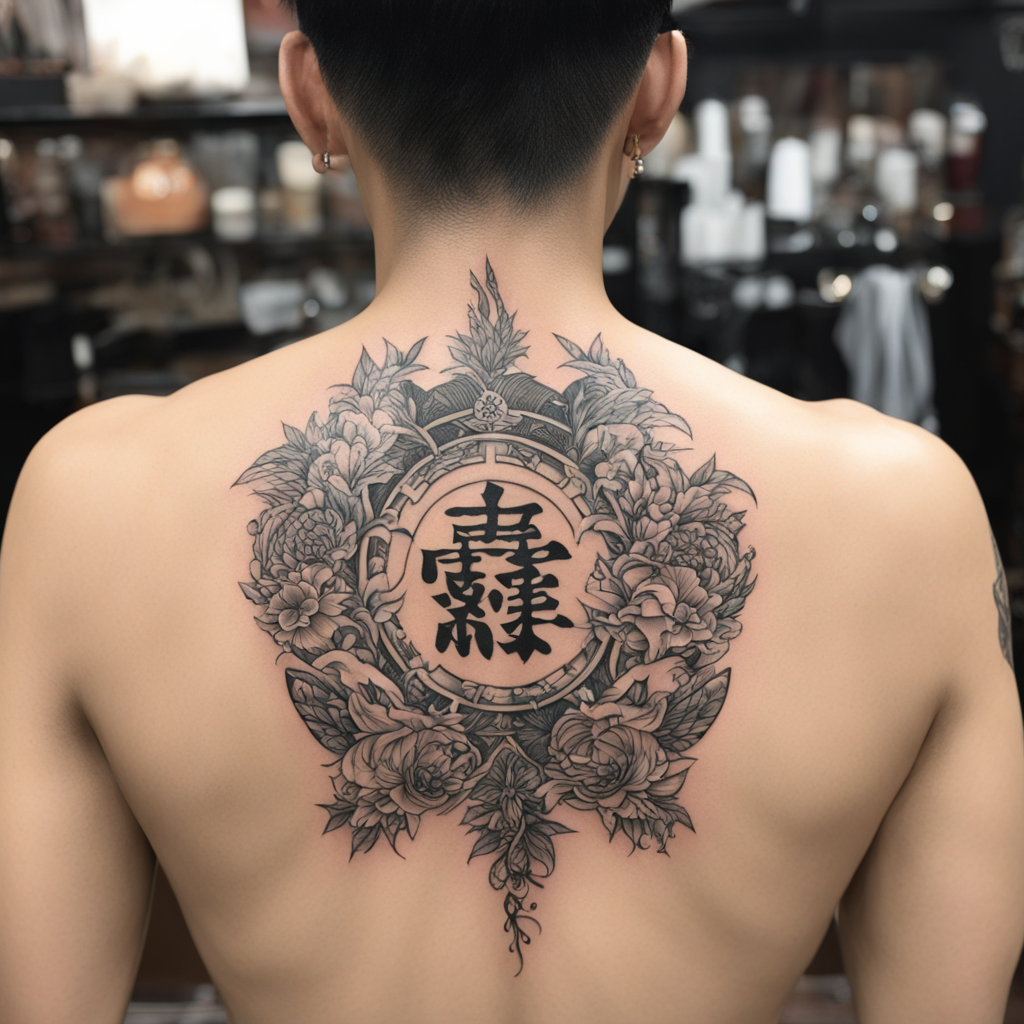 in the style of back tattoos, with a tattoo of 唐狮和牡丹