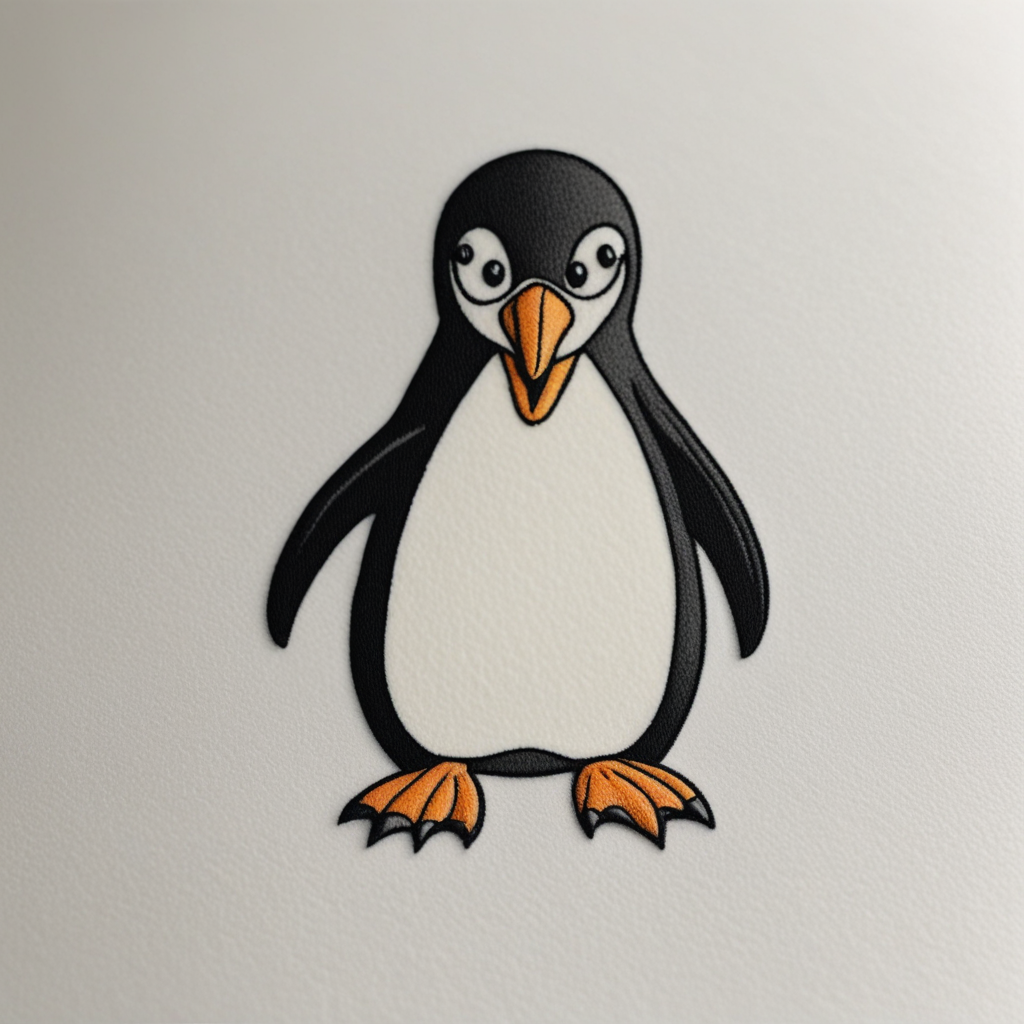 in the style of patch tattoo, with a tattoo of cartoon penguin 