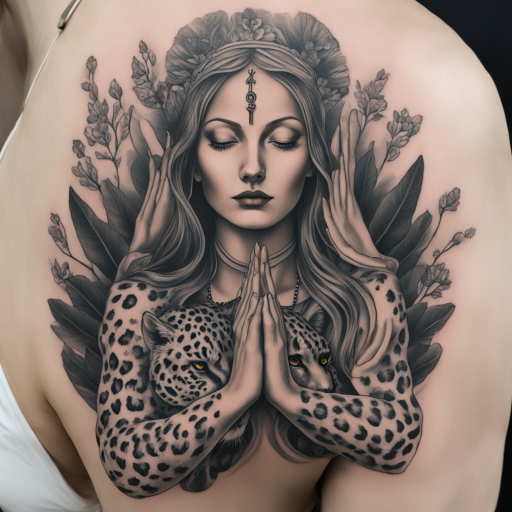 in the style of surrealism tattoo, with a tattoo of 
A lady saint