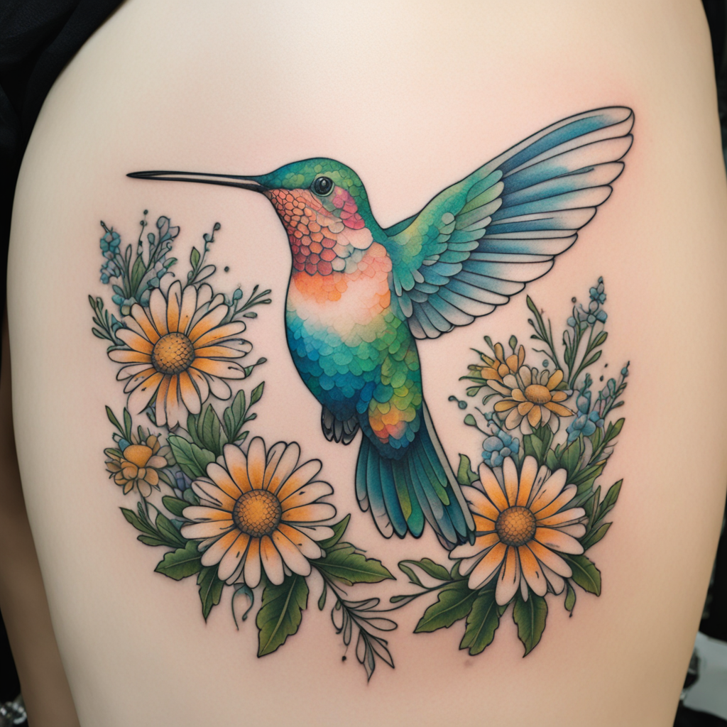 in the style of fineline tattoo, with a tattoo of colorful hummingbird on a daisy tattoo design