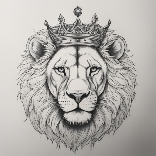 in the style of fineline tattoo, with a tattoo of Lion sketch wearing a crown