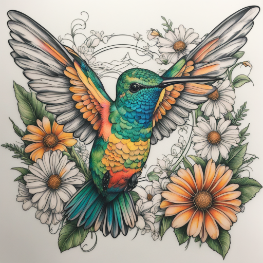 in the style of fineline tattoo, with a tattoo of colorful hummingbird on a daisy with butterfly tattoo design