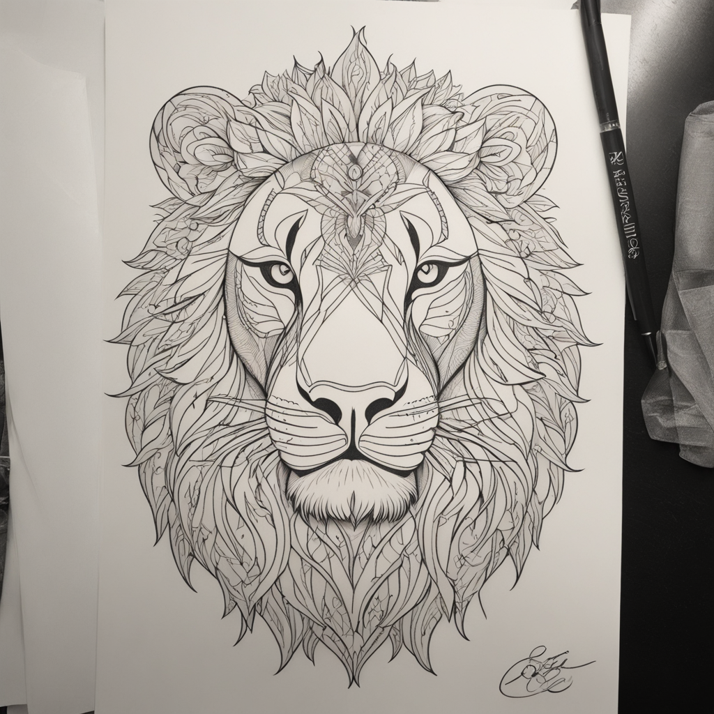 in the style of fineline tattoo, with a tattoo of lion