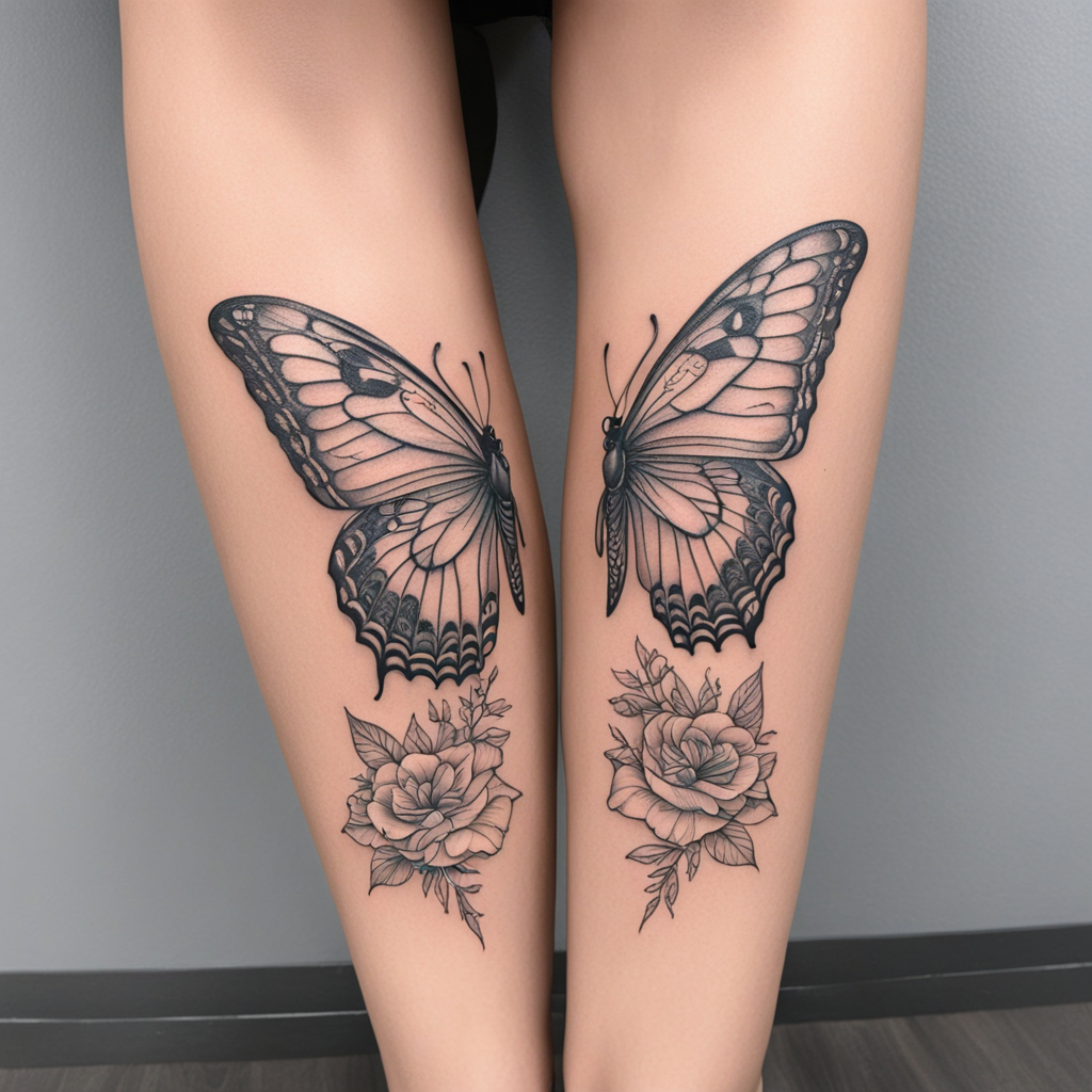 in the style of leg tattoos, with a tattoo of moon Butterfly  
