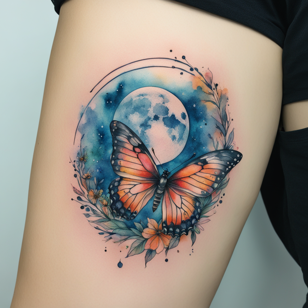 in the style of watercolor tatoo, with a tattoo of 
Butterfly moon