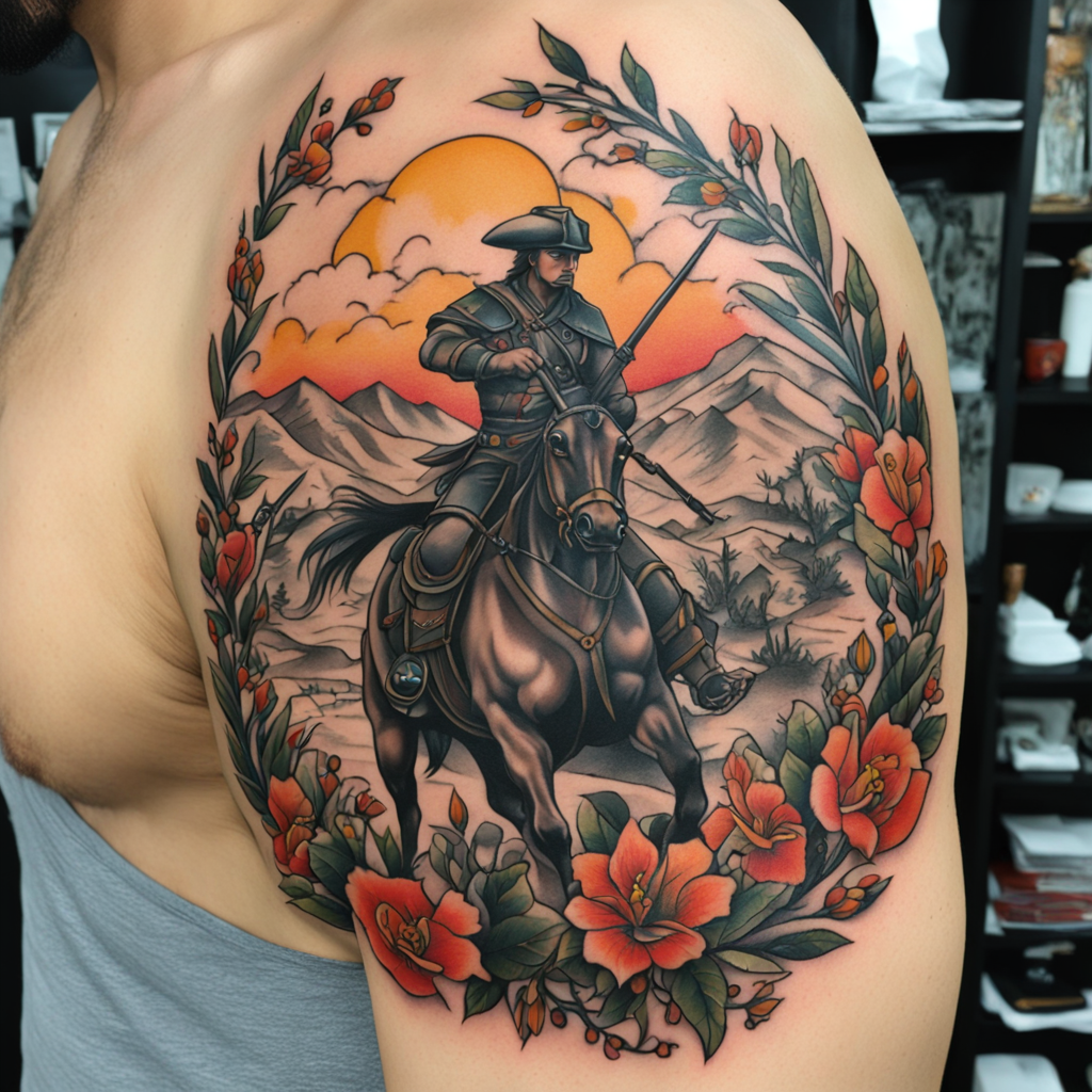 in the style of neo traditional tattoo, with a tattoo of Campo de batalla de espartanos 