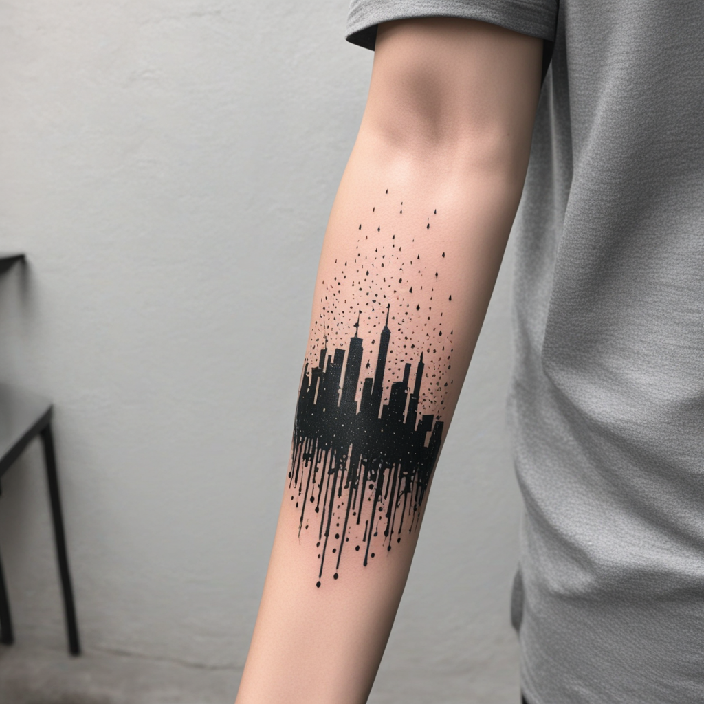 in the style of arm tattoos, with a tattoo of matrix digital rain 