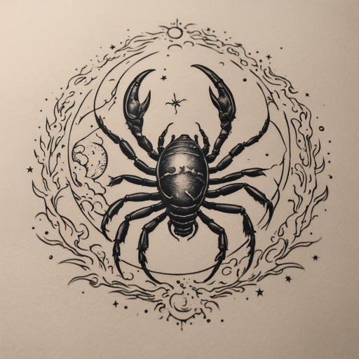 in the style of kleine tattoo, with a tattoo of a full moon with a scorpion-shaped crater