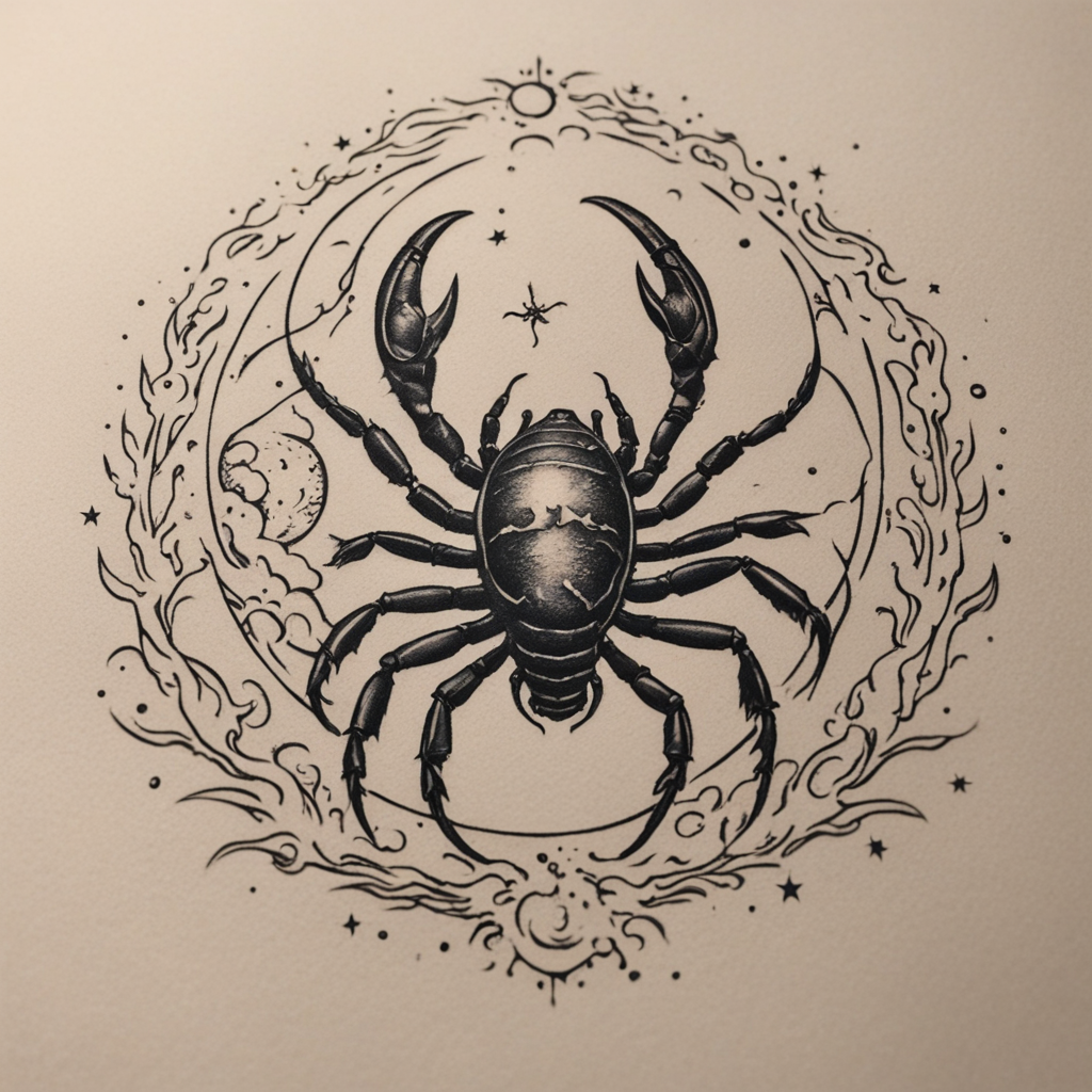 in the style of kleine tattoo, with a tattoo of a full moon with a scorpion-shaped crater