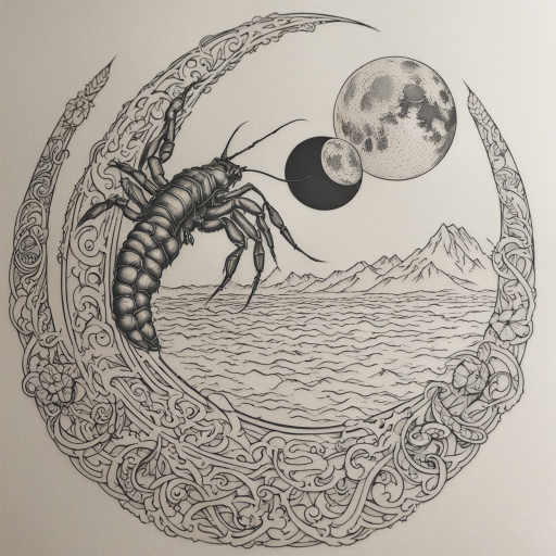 in the style of fineline tattoo, with a tattoo of a full moon with a scorpion-shaped crater