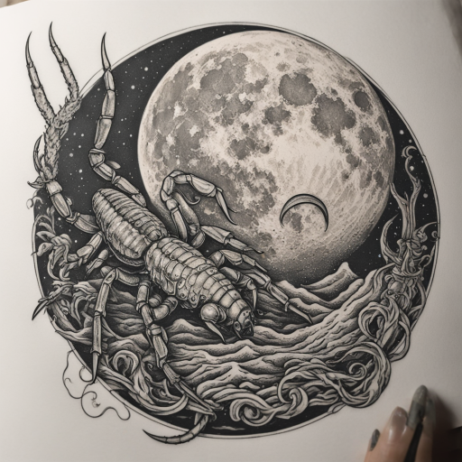 in the style of ignorant tattoo, with a tattoo of a full moon with a scorpion-shaped crater