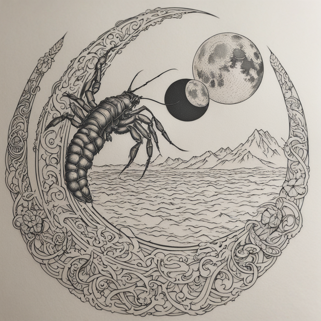 in the style of fineline tattoo, with a tattoo of a full moon with a scorpion-shaped crater