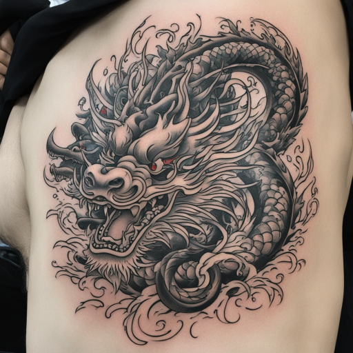 in the style of tokyo tattoo, with a tattoo of Chinese Dragon 
