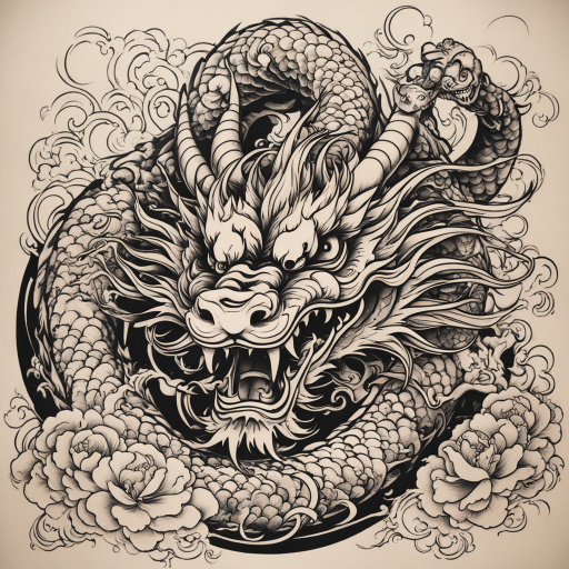 in the style of japanese tattoo, with a tattoo of Chinese dragon