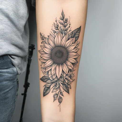 in the style of fineline tattoo, with a tattoo of girasol marchitada con raiz para tatuar en la mano
