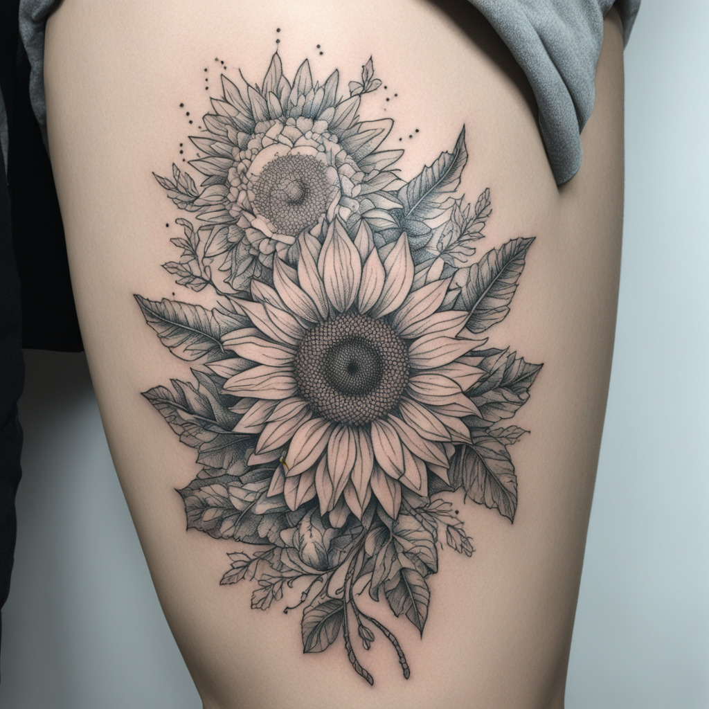 in the style of fineline tattoo, with a tattoo of girasol marchitada con raiz para tatuar en el dorso de la mano
