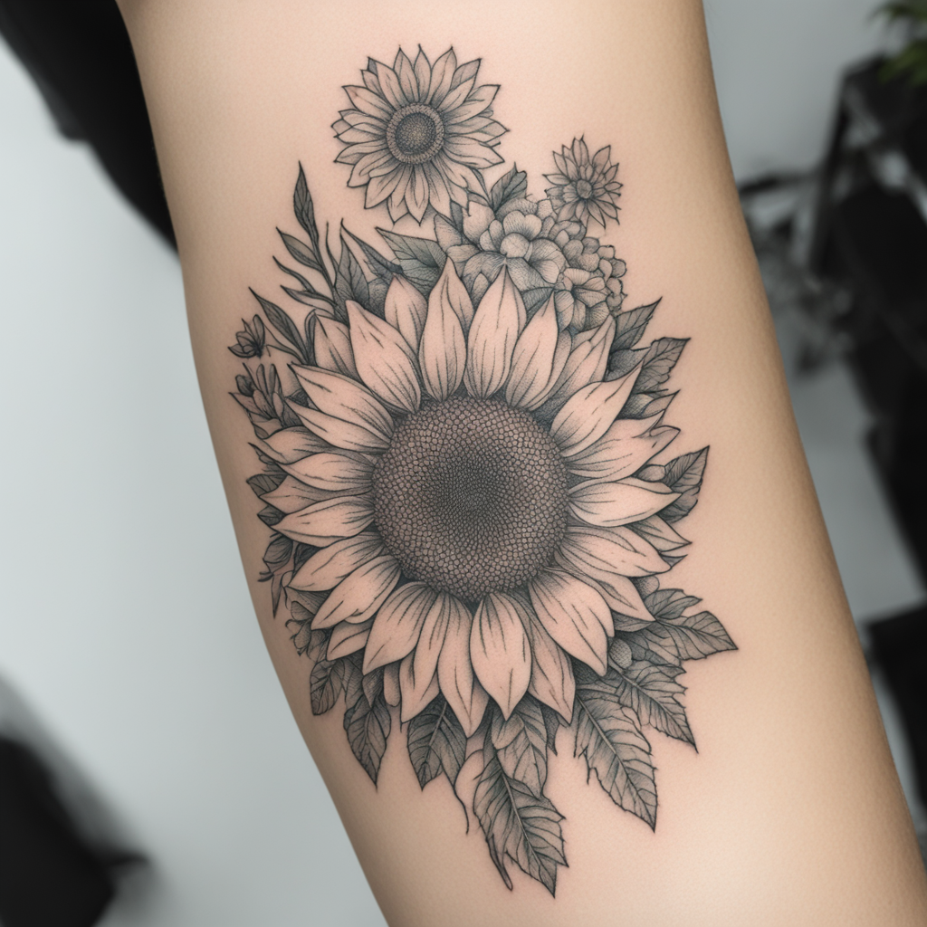 in the style of fineline tattoo, with a tattoo of girasol marchitada con raiz para tatuar en el dorso de la mano
