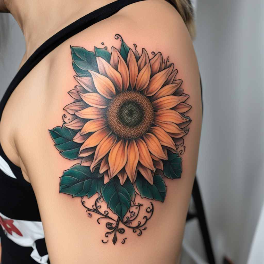 in the style of 3D tatoo, with a tattoo of girasol mugrienta con algo de estilo chino en el dorso de la mano