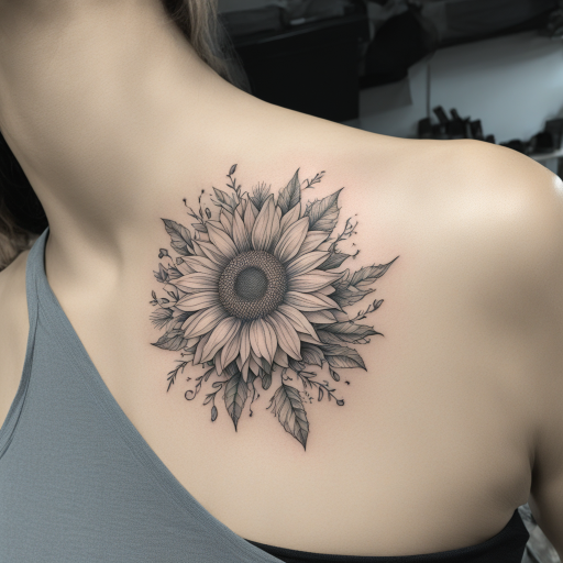 in the style of fineline tattoo, with a tattoo of girasol con raices